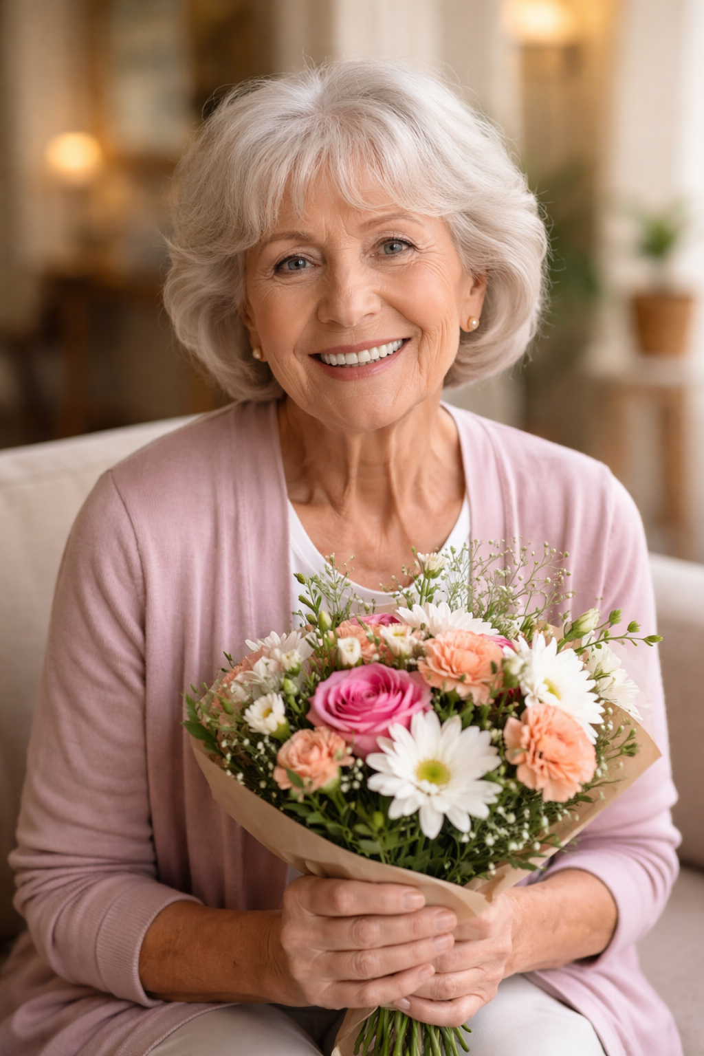 Senior holding a bouquet of flowers